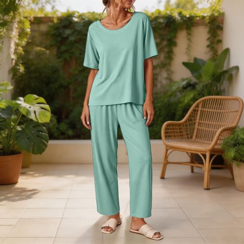 Pj Sets for Woman Short Sleeve Pajama Sets Soft 2 Piece Pjs Mint Green 2XL - image 2
