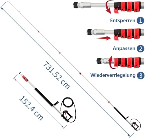 7.3M 24FT Teleskop-Hochdruckreiniger-Verlängerungsrohr mit Bürstenkopf, 2 Hochdruckreiniger-Verlängerungsrohre, Dachrinnenreinigungsaufsatz, 7 Sprühdüsenaufsätze, Stützgürtel und 2 Schlauchadapter – Ansicht 3