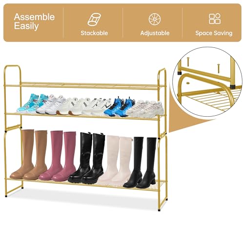 Image of KEETDY 2-Tier Long Shoe Rack for Closet Metal Shoe Organizer for Entryway, Wide Stackable Shoe Storage Shelf with Sturdy Wire Grid for Closet Floor, Bedroom, Gold