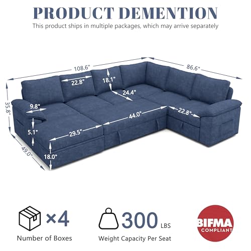 Image of 108 Inch Modular Sectional Sofa with Pull Out Bed,U Shaped 7 Seat Sectional Sleeper Sofa with Storage,Sectional Couches for Living Room,Cloud Modular Couch,Removable Sofa Cover,Blue