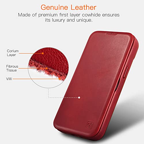 Icarer Iphone 14 Case, 100% Genuine Leather Case With Card Slot, Magnetic Flip Wallet Cover Compatible With Magsafe For Iphone 14 6.1 Inch (Red) #TOP1