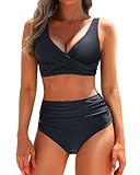 Yonique Women's Two Piece High Waisted Bikini Set Tummy Control Swimsuit Full Coverage Bathing Suit Black M