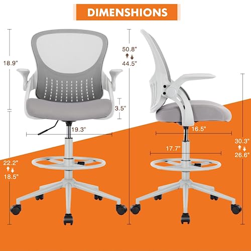 Sweetcrispy Drafting Chair, Tall Office Chair Counter Height Adjustable High Office Chair For Standing Desk, Mesh Stand Desk Chair With Flip-Up Arms, Foot-Ring, Grey #TOP1