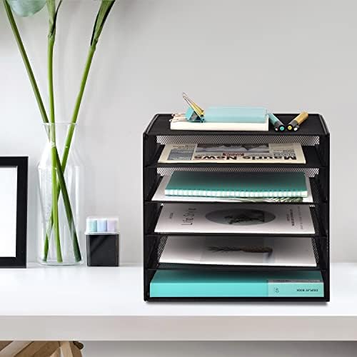 EASEPRES Letter Tray Desk Organiser, 5 Slots Mesh Paper Holder Storage Filing Trays for A4 Papers, Black