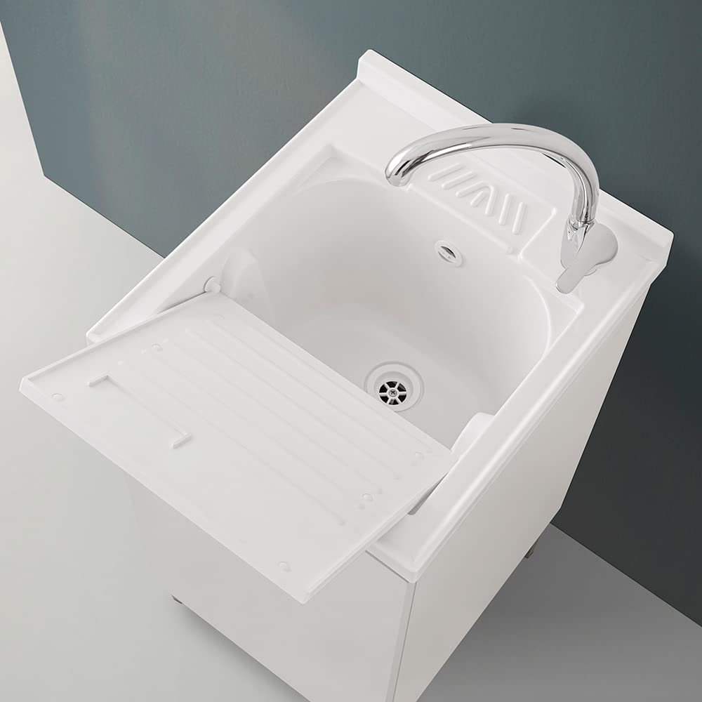 Mobile lavatoio lavanderia in legno con vasca in resina resistente agli acidi, completo di asse di lavaggio e kit sifone + piletta (Bianco, 45x50 cm 1 anta)