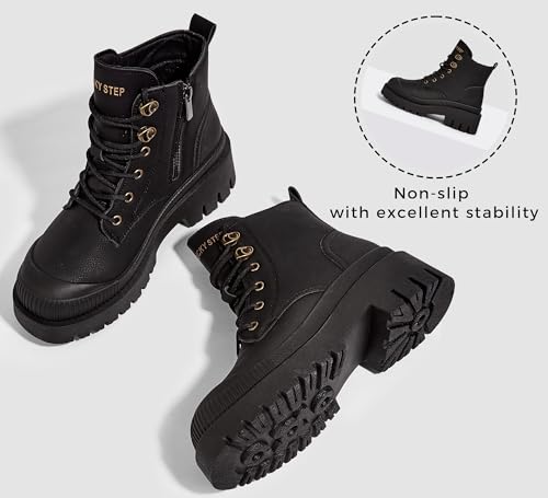 LUCKY STEP Women's Platform Ankle Boots Zipper Fashion Combat Thick Lug Sole Durable Chunky Wedge Booties Shoes4