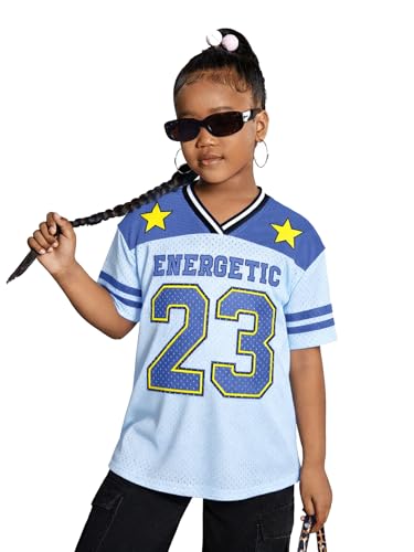 Yawtaut Girls Jersey Shirts Number Graphic Oversized T-Shirt Boy Short Sleeve V Neck Mesh Tees Kids Sport Jersey Blue
