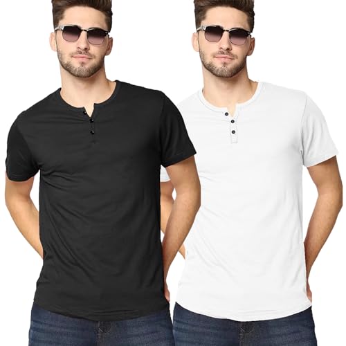 Image of LAZYCHUNKS Henley Neck Men's Cotton Half Plain Sleeves Slim Fit T-Shirt | Round Neck Men's Tshirt | Solid Colors | Summer Wear | - Multicolor