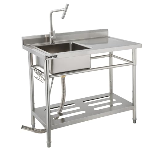 Image of Freestanding Stainless Steel Utility Sink with Hot & Cold Pull-Out Faucet, Large Capacity Laundry Sink with Storage Shelf & Drain Kit for Garage Kitchen Backyard Commercial Use