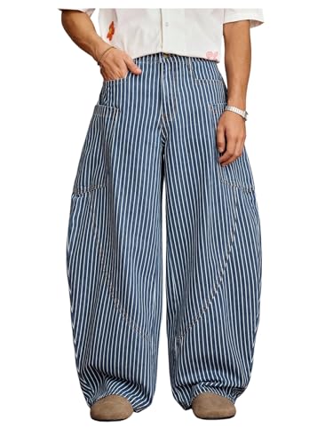 Verdusa Men's Striped Baggy Jeans Wide Leg Dress Pants Work Trousers with Pockets