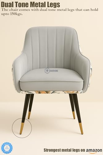 Image of Designer Accent Chair with Floral Printed Back & Footstool | Velvet Lounge Chair for Living Room, Makeup Vanity & Bedroom (Light Grey Floral Set)