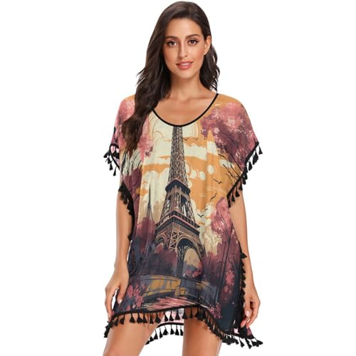 Oil Art Paris Tower Women's Beach Cover Up Chiffon Tassel Swimwear Swimsuit Coverups for Girl