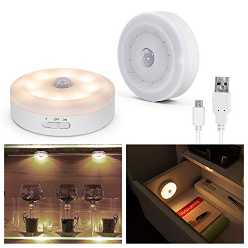Motion Sensor Light 5v USB Powered Led Puck Lights Rechargeable Motion Activated Closet Light Wireless Smart Under Cabinet Lighting Warm White Led Night Light for Bedroom Stair Hallway Decor (2 Packs)