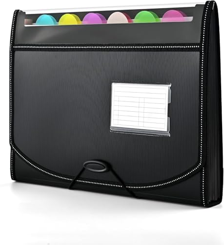 13 Pockets File Organiser Accordion Expanding File Folder Document Organiser with 12 Tabs Folders for Paperwork A4 for Home Office and School Black