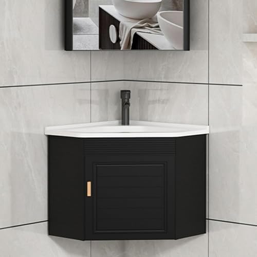 Lavabo triangular de cerámica con mueble de almacenamiento para baño pequeño 2