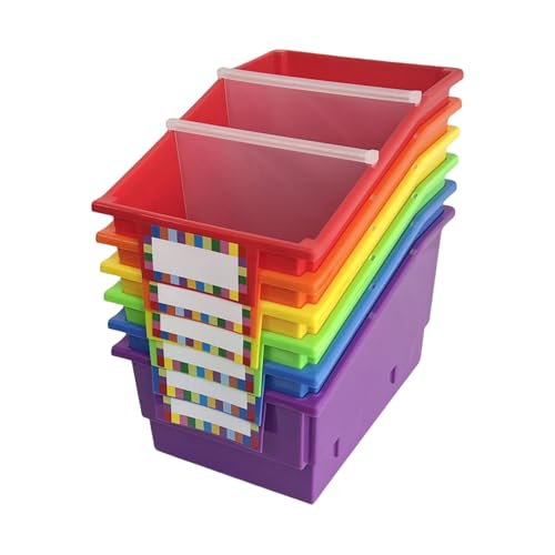 RAUVOLFIA 6 Pack Picture Book Organizer Bins with Dividers, Large Plastic Book Holders with Labels, Multi Purpose Classroom Organization Bins Storage Container for Classroom Library (Rainbow)