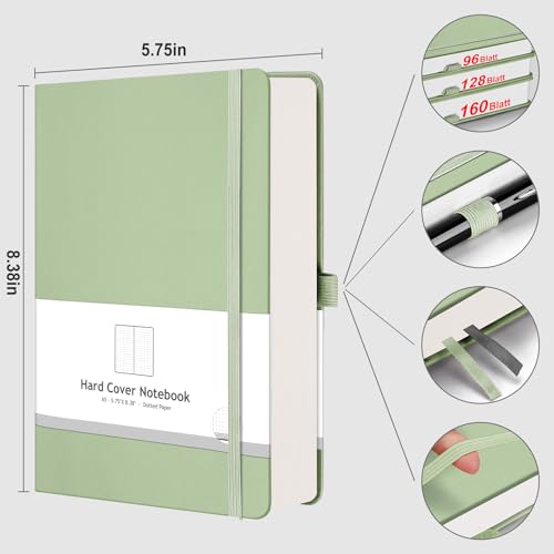 AHGXG Caderno pontilhado com 320 páginas numeradas, caderno A5 grosso, papel pontilhado de 100 g/m²,