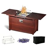 DOINUO 42IN Rectangular Propane Fire Pit Table with Tempered Glass, Removable Desktop, Gas Firepit Table with Glass Beads & Metal Lid, Perfect for Patio & Backyard(Brown)
