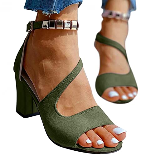 Masbird Heels for Women Heels for Women Sexy Strappy Wide Width Leather Chunky High Heels Sandals Cute Sexy Dressy Sandals with Glittering Green
