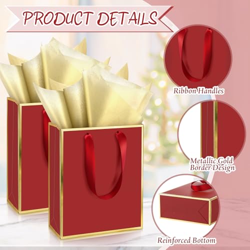 Image of Yeaqee 24 Pack Metallic Paper Gift Bags, Burgundy Red, Gold | with Satin Ribbon Handle and Tissue, 9x7x3.1 Inch, Suit Business, Birthday, Christmas, Thank You Return Gifts Bags
