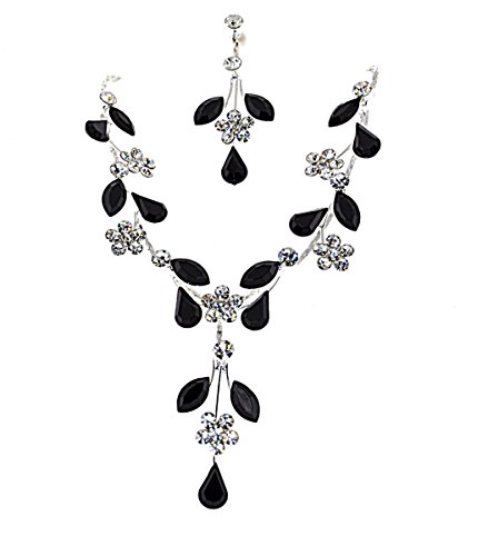 Mevoi Five Colors Collection Tear-Drop,Marquise,Round Floral Simulated Rhinestone Necklace Earrings Set-Black