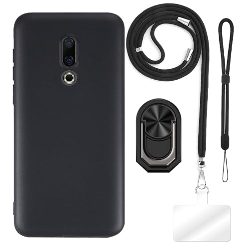 ESCAMOT [4 en 1] Funda Compatible con Meizu 16th con Lanyard, Correa de Mano y Anillo, Funda Protectora Antigolpes Kit de Viaje (Conjunto Negro)