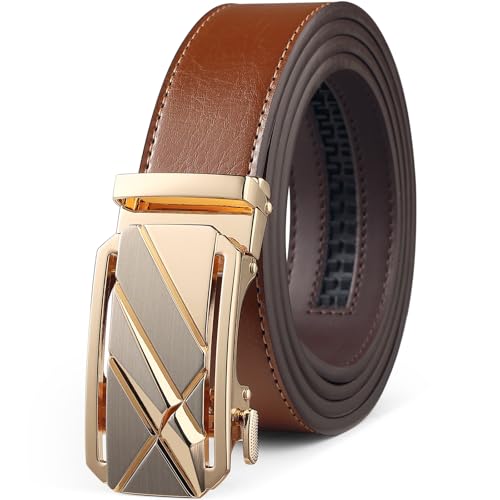 Image of Drowsmen Leather ratchet belt 1 3 /8 inch with Click Sliding Automatic Buckle, Adjustable belt Trim to Fit