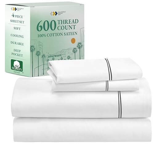 California Design Den Luxury King Size Sheet Set - 100% Cotton, 600 Thread Count Deep Pocket King Sheets, Hotel-Quality Bedding with Sateen Weave - White Embroidered Gray