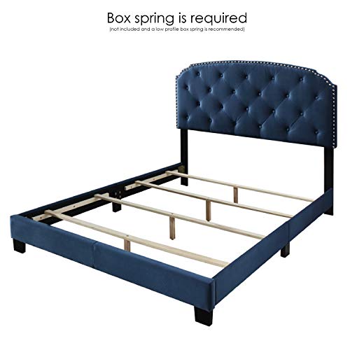Dg Casa Wembley Upholstered Panel Bed Frame With Diamond Tufted And Nailhead Trim Headboard, King Size In Blue Faux Velvet Fabric #TOP3
