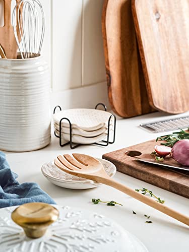 LE TAUCI Spoon Rest for Stove Top, Spoon Holder for Kitchen Counter, Embossment Housewarming Present, Farmhouse Decor, Ceramic Accessories Utensil Rest - 4.8 inch, Set of 4 +1 Metal Stand, White