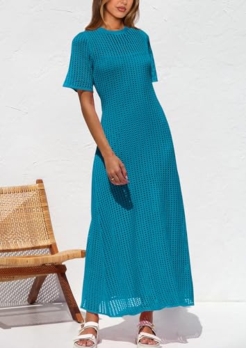 Image of PRETTYGARDEN Womens Eyelet Crochet Maxi 2 Piece Dress Sets | Knit Mesh Layered Two-Piece Dress, Short Sleeve Crew Neck Cover Up With Slip, Summer Resort Vacation Beach Hollow Out Dresses