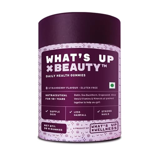 What's Up Wellness Beauty Gummies I Gummies for Strong Hair, Nails & Good Skin I Biotin, Vitamins A to E, Folic Acid. Zinc, Aloe Vera, Sea Buckhorn & Grapeseed I 1 Month Supply - 30 Gummies