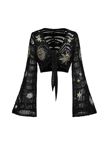 Women's Graphic Crochet Cardigan Sweater Hippie Hollow Out Tie Front Flare Sleeve Knitted Crop Outerwear