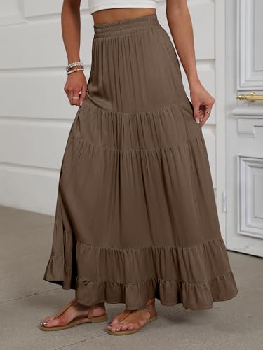 Image of ANRABESS Womens Maxi Skirt Elastic High Waist Swing Tiered A-line Flowy Pleated Boho Beach Vacation Long Skirts