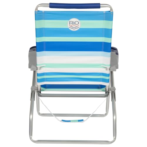 Image of Rio Brands 4-Position Extended-Height Beach Chair, Blue /Green /White, 2-Pack | 15 in Seat Height, Cushioned Headrest, Cup Holder, Cell Phone Slot, Bottle Opener, Carry Strap, Aluminum Frame, Foldable