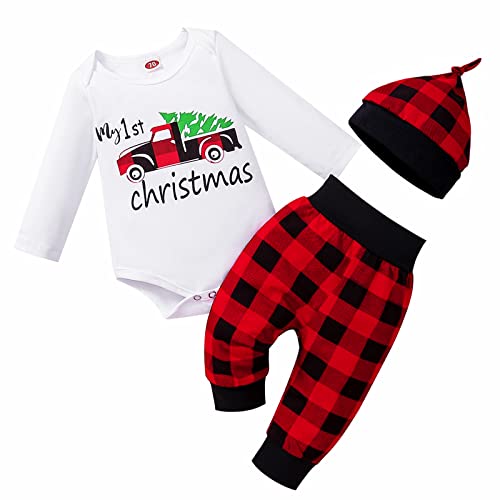 Image of My First Christmas Baby Boy Outfit Newborn Clothes Infant Black Xmas Tree Car Red Plaid Pants Hat 3Pcs 0-18 Months
