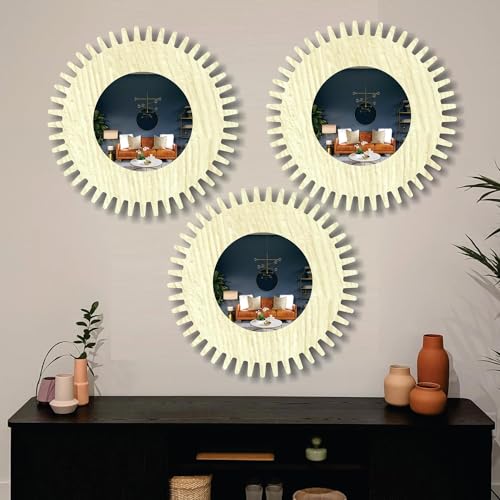 Image of Creative Arts n Frames 11 inch Set of 3 Round Wall Decor Hand Crafted Wooden HD Wall Mirror Panel for Living Room Bedroom Lobby Modern Wall Decor Home Decor Items (Chakra 1 Pine)