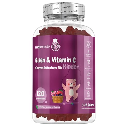 Eisen Vitamin C für Kinder - 120 vegane Eisen Gummibärchen - 7 mg Iron & 10 mg Vitamin C - 4 Monate Vorrat mit Natürlicher Beerengeschmack - 1 Iron Gummy pro Tag - Von 3 bis 12 Jahren - maxmedix