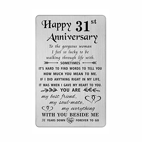 TANWIH 31st Anniversary Card for Her Wife, 31 Year Anniversary Card Gifts for Her Women, 31st Wedding Anniversary for Wife, Engraved Metal Wallet Cards