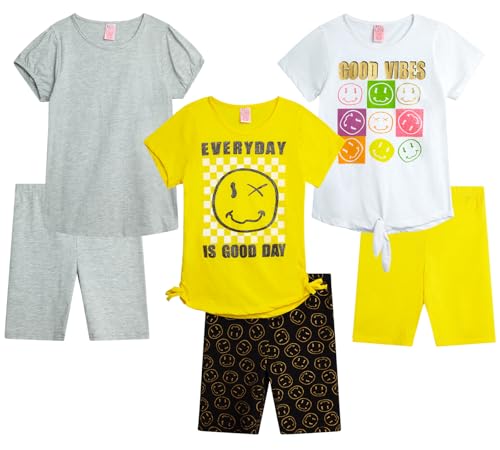 Real Love Girls' Active Shorts Set - 6 Piece Fashion T-Shirts and Performance Bike Shorts - Summer Outfit for Girls (7-16), Size 10-12, Good Vibes