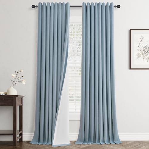 Blue Linen Blackout Curtains 84 Length 2 Panels Set for Living Room Bedroom, 100% Black Out Thermal Insulated Linen Drapes, Room Darkening Grommet Curtains 84 Inches Long