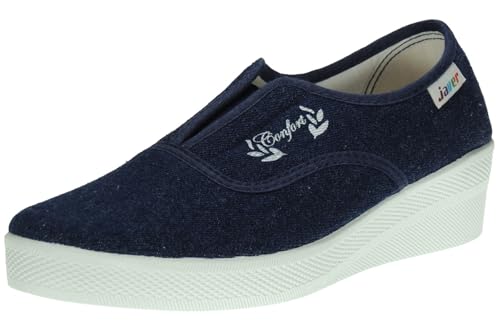 Calzados Romero Colección JAVER Zapatilla Deportiva Aerobic Lona Mujer Cuña 4Cm Ajuste Elástico Empeine 0819 Tejano Talla 37