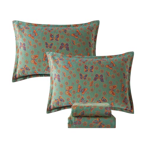 Image of FADFAY Butterfly Sheets Set Queen Vintage Green Red Floral Bedding Shabby Farmhouse Bedding Super Soft Washed Double -Layer Muslin Sheets 100% Cotton Deep Pocket Fitted Sheet 4Pcs, Queen Size