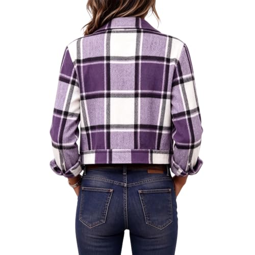 Elneeya Womens Plaid Jacket Cropped Casual Button Up Collared Fall Coat - image 6