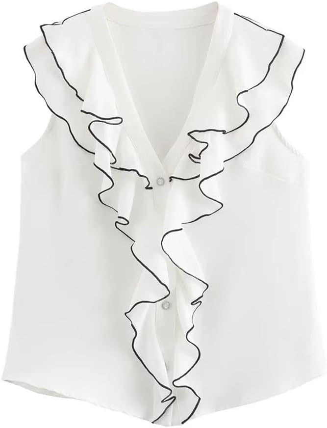 Women's V-Neck Contrast Stitching Decoration Multi-Layered Ruffle Short-Sleeved Shirt