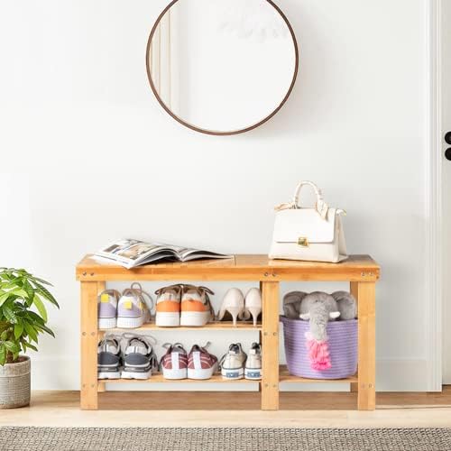 Miniatura 2 de Karl home Zapatero de bambú, organizador de almacenamiento de botas de entrada de 3 niveles, bancos de cambio de zapatos para baño, puerta