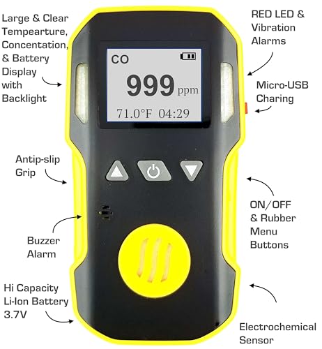 CARBON MONOXIDE Detector CO Analyzer + PUMP by FORENSICS | USA NIST Calibration | Water, Dust & Explosion Proof | USB Recharge | 0-1000 ppm |