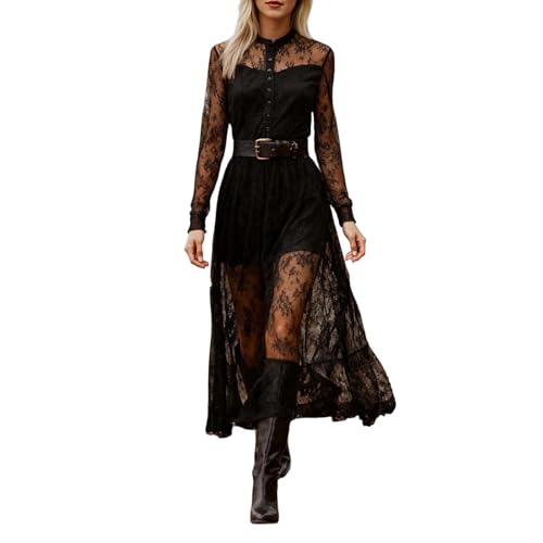 Generisch Spitzenkleid Damen Elegant MaxiKleid mit Spitze Durchsichtiges Rundhals Langarm Partykleid Bodycon Kleid Western Vintage Langes Kleid...