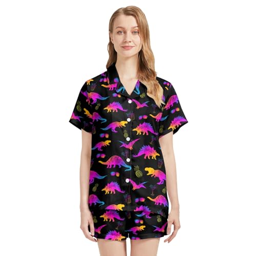 Image of Funny Pajamas for Women Set Print Satin Loungewear Pjs Short Sleeve Button Down Top and Shorts Sets Sleepwear XS-3XL