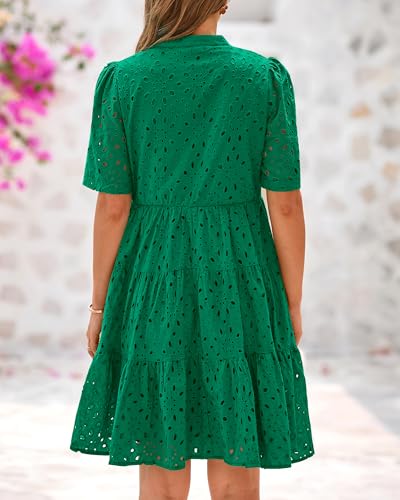 Image of BTFBM Womens Boho Summer Dresses 2026 Spring V Neck Short Sleeve Hollow Out Lace Ruffle Casual Beach Mini Vacation Dress